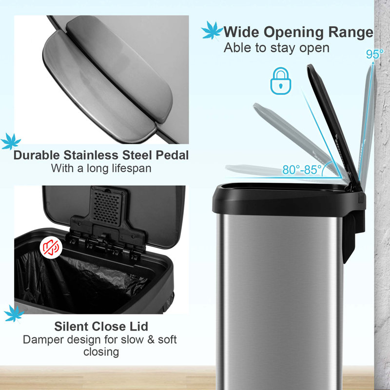 Silver Stainless Steel 13 Gallon Pedal Trash Can with Soft Close Lid