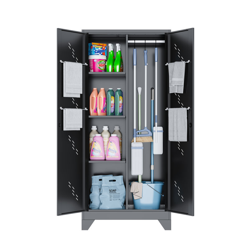 71'' Metal Storage Cabinet with Doors, Multifunctional Bathroom/Garage Lockable Steel Cabinet, Broom Closet Storage with Hanging Rod (Style-1)