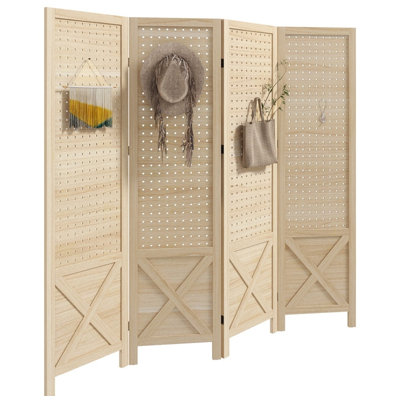 4-Panel 4.7' Tall Rustic Wood Pegboard Room Divider - Foldable Portable Privacy Partition for Home Office