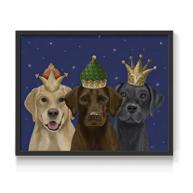 Labradors de Noël, trois rois - impression encadrée - réversible, H 22 po x l 28 po, Noir, noir, noir, noir