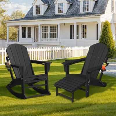 Outdoor HDPE Folding and Rocking Adirondack Chair With Double Cup Holder and Ottoam