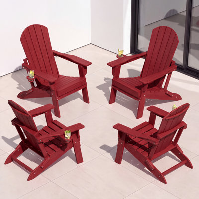 Ensemble de 4 chaises Adirondack pliantes, texture bois, porte-gobelet, PEHD toutes saisons
