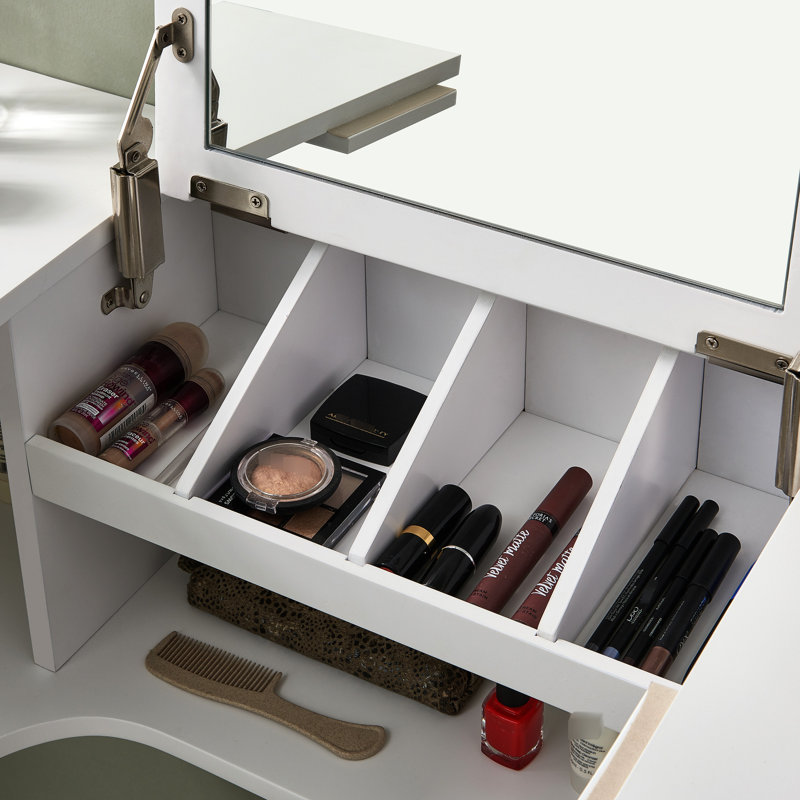 Rebord mural avec miroir de coiffeuse - blanc transitionnel Fournissez un espace de rangement pour vos accessoires de coiffure et votre maquillage