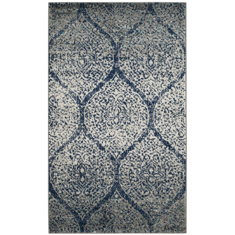 Christa Damask Navy Blue/Silver Area Rug, Rectangle 2'3" x 4'