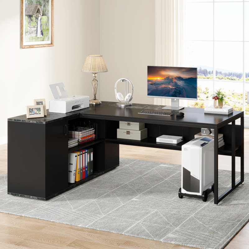 Bureau double caisson en L, Galets noirs / noir