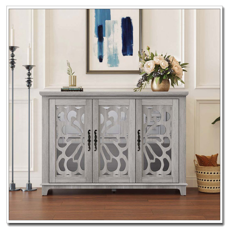 Buffet avec 3 portes en miroir et tablettes réglables, Gris clair