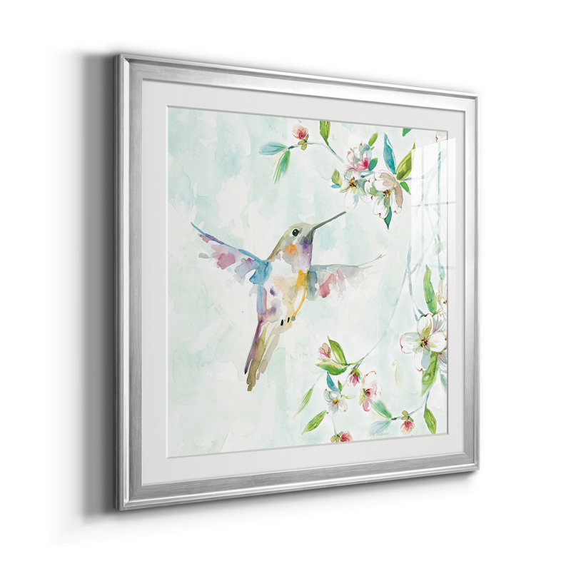 Colibri I - peinture encadrée sur papier, Papier avec cadre argenté, Blanc, H 30,5 po x l 61 po x P 1,5 po
