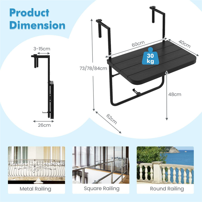 Rectangular Metal Folding Outdoor Balcony Table , 60cm cm W 40cm cm D
