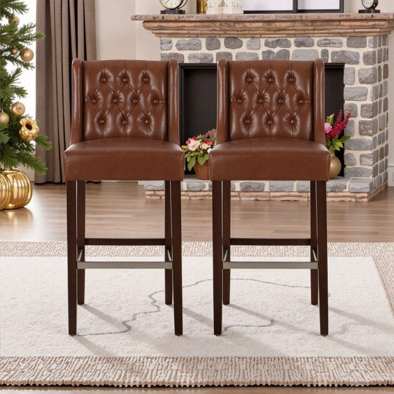 Tabouret de bar 2 pièces avec dossier rembourré et repose-pieds en métal, hauteur de comptoir de 30,5 pouces, Marron clair