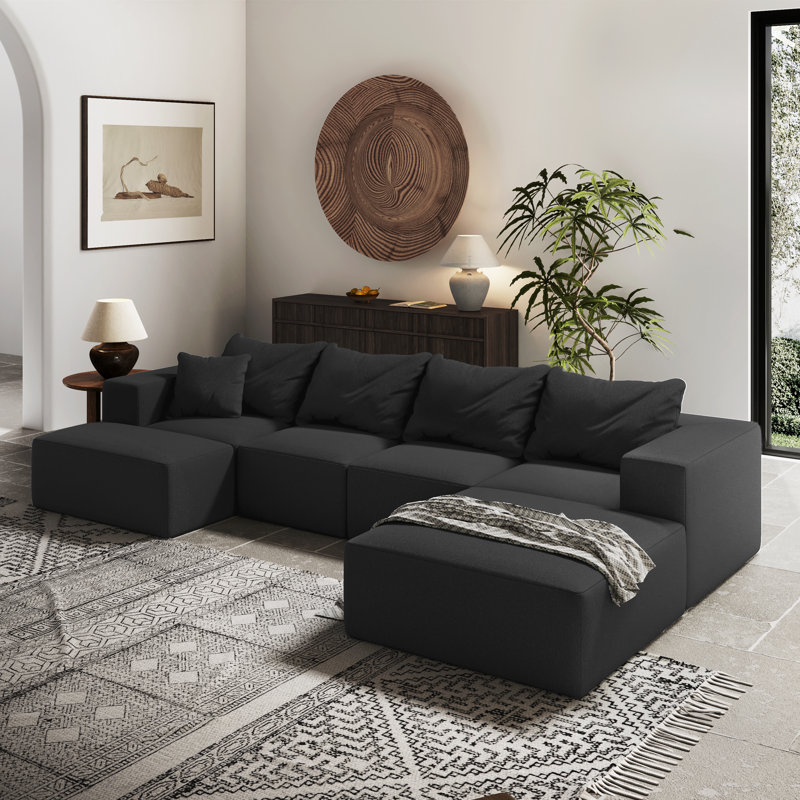 Canapé modulaire rembourré de L 132 po, Noir, noir, noir, noir