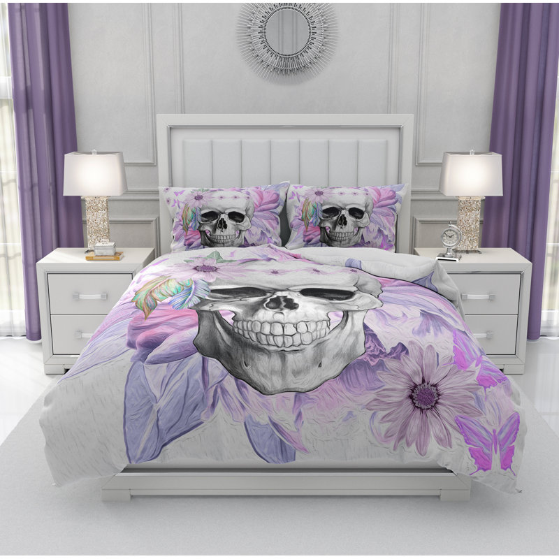  Ensemble de housse de couette Floral Skull, Housse de couette simple et 2 taies décoratives