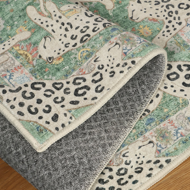 Allandale Leopard Print Green Machine Washable Area Rug With Non-Slip Backing, Rectangle 8' x 10', Sage Green