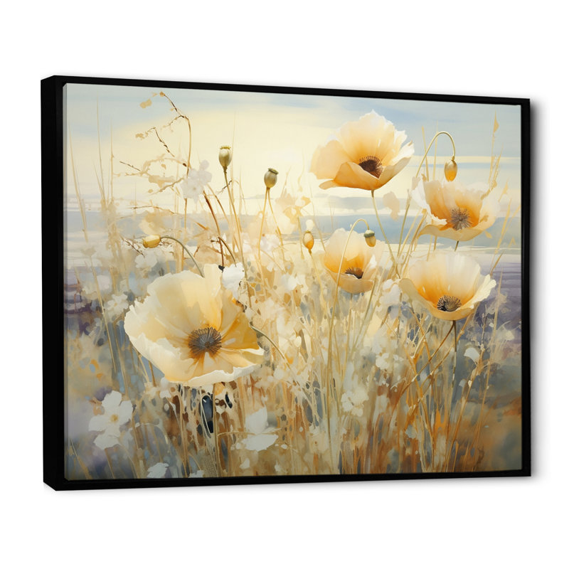 Champ de fleurs de fleurs blanches - Impression, 12" H x 20" W, Cadre flottant noir