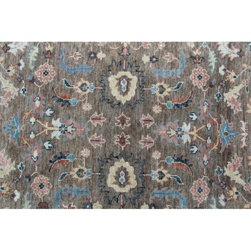 Tapis traditionnel en laine noué à la main brun et bleu Oushak - motif à médaillon floral classique avec bordure bleu marine, tapis de style oriental rétro