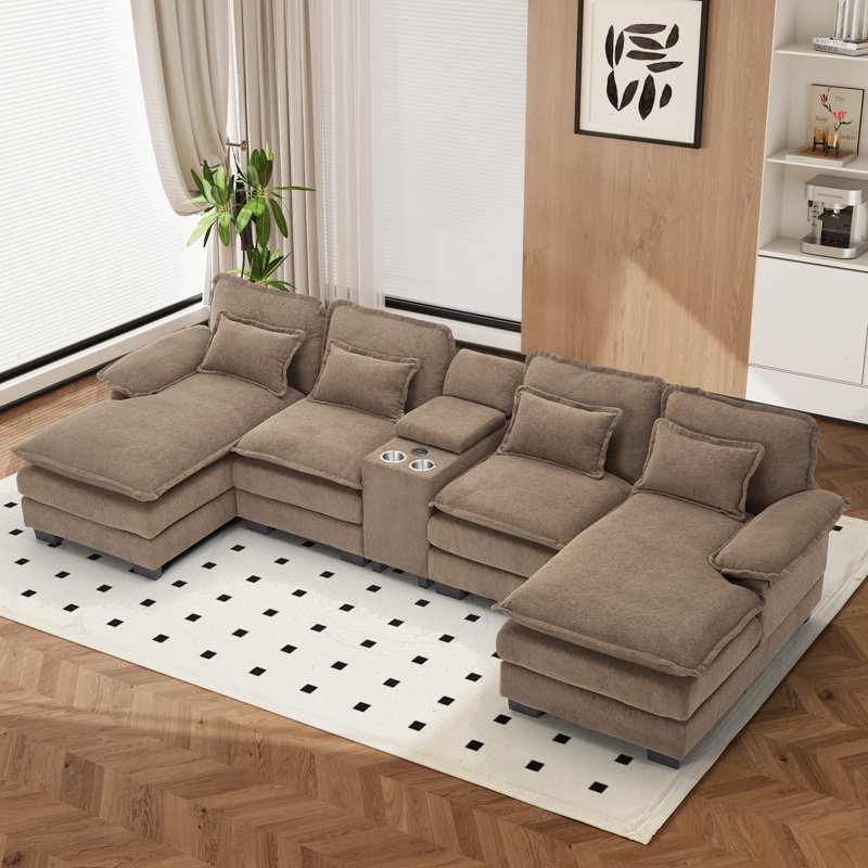 133" Oversized Chenille U Shaped Sectional Sofa with Storage Console Cup Holders and USB, Light Brown Chenille
