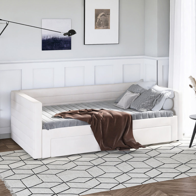 Twin Upholstered Extendable Daybed With Trundle, 2 Drawers, Beige