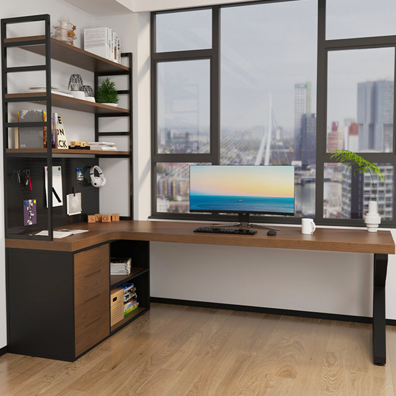 Bureau en L en bois massif avec bibliothèque intégrée, H 82,68 po x l 70,87 po x P 47,24 po