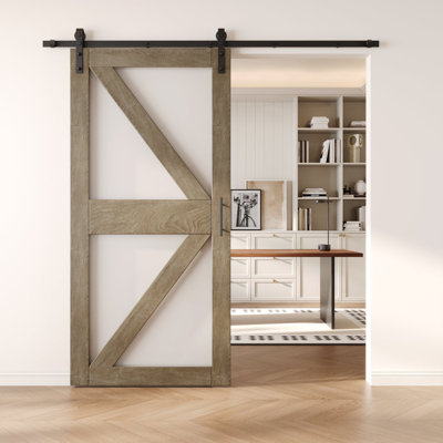 Homacer Classic Gray 42in x 84in Arrow Pattern Glass Design Unassembled & Finished Barn Door with Non-Bypass Installation Hardware Kit, 7.5ft track, interior use only