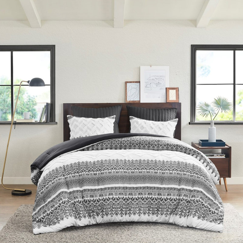 Édredon en coton avec capitonnage en chenille - 2 taies décoratives à motif botanique double / grand gris réversible pour impression élégante