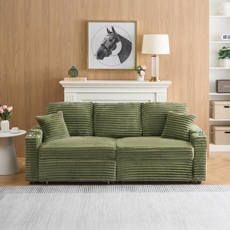Canapé pliant polyvalent deux-en-un avec fonction couchée pliable et cachée, revêtement en velours côtelé, porte-gobelet et oreiller, idéal pour le salon