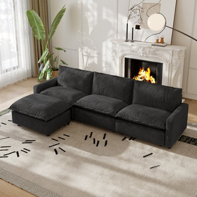 4-Piece Upholstered Modular Linen Fabric Sofa With Ottoman