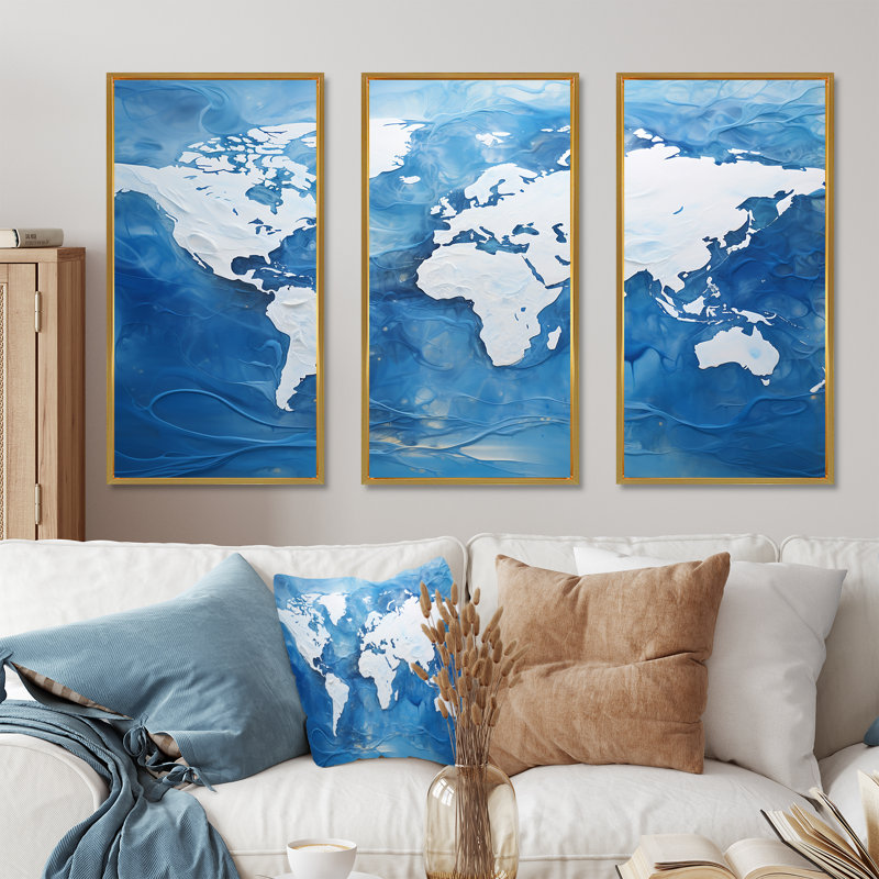 «Majestic Meridians Blue World Map I», ensemble d'art mural sur toile carte du monde, Cadre flottant doré
