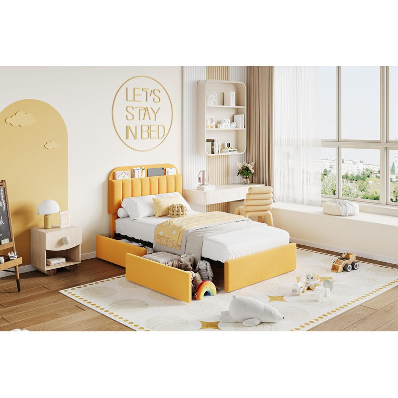 Cadre de lit plateforme, cadre de lit pour enfant avec tête de lit avec rangement, 2 tiroirs roulants, cadre de lit silencieux, aucun sommier nécessaire