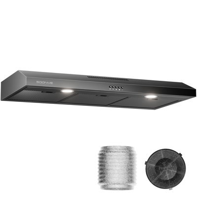 36 Inch Matte Black Under Cabinet Range Hood, Slim Kitchen Vent Hood, 250 CFM 3 Speed Piano Key Control Ducted/Ductless Convertible with 5-Layer Aluminum Filters, 2PCS LED Lights, Activated Carbon Filter and Aluminum Foil Tube