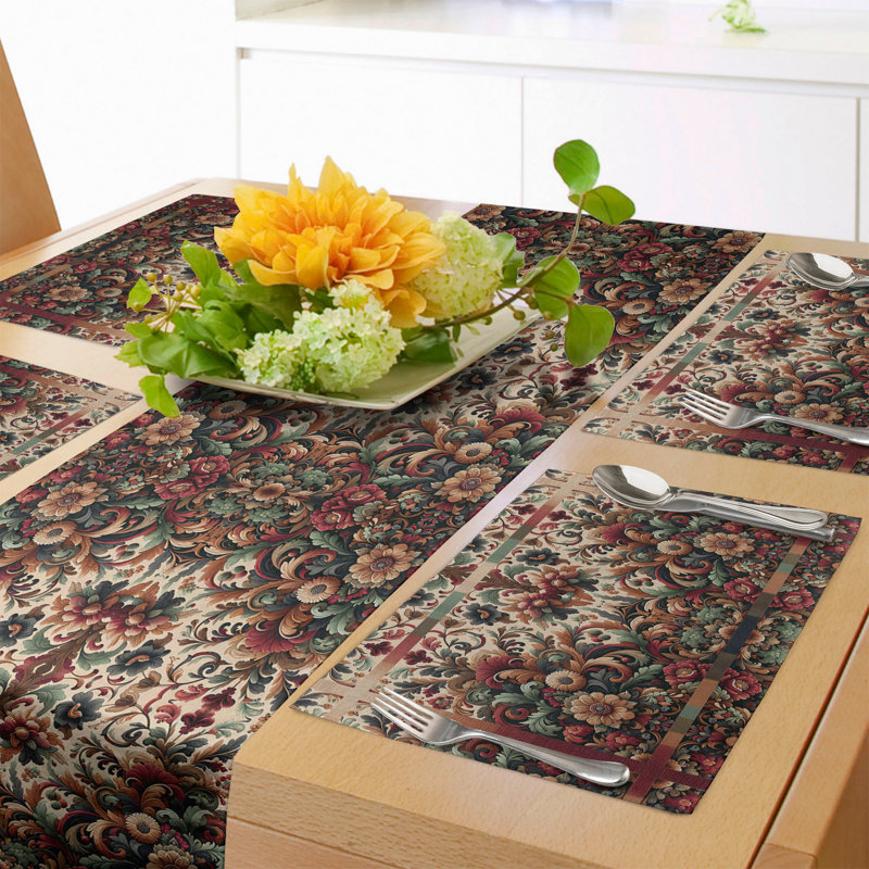 Ruby Green and Camel Floral Table Runner and Placemat Set