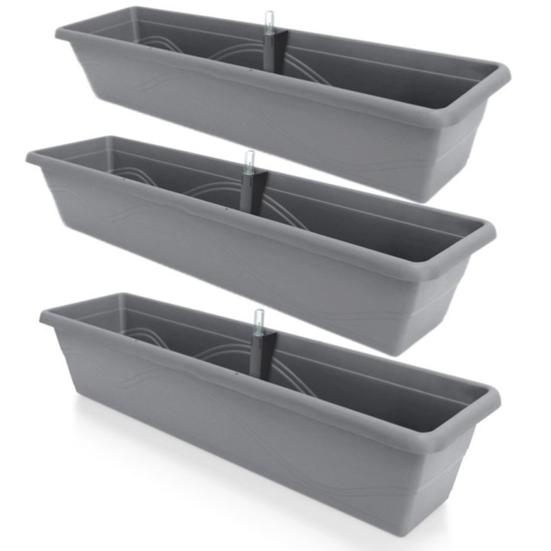 Aashma Self-watering Planters, Troughs, Flower Pots for Balcony Rails, 3, 17cm H x 39cm W x 20.5cm D, Stone Grey