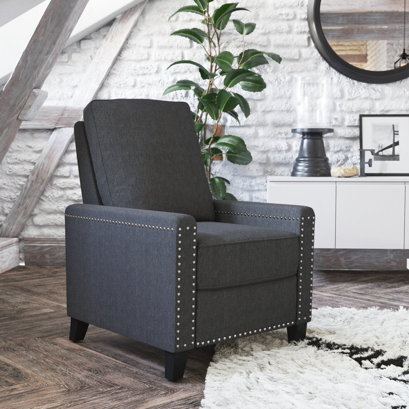 Suzie Push Back Recliner with Pillow Style Backrest and Accent Nail Trim, Gray