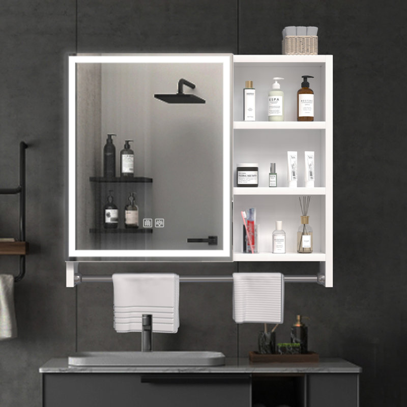 Armoires de salle de bain modernes de 32 po x 28 po, armoires à pharmacie avec miroirs et lumières DEL, casiers de salle de bain avec compartiments de rangement à plusieurs niveaux et porte-serviettes