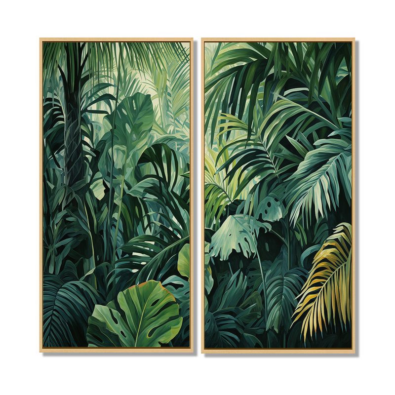 Jade, jungle épaisse, jungle de palmiers II - art mural vert, 32" H x 32" W, Impression encadrée flottante, Cream