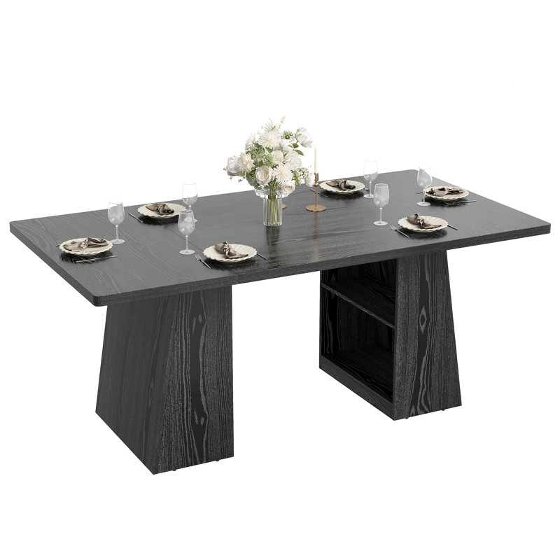 Table de salle à manger rectangulaire de 180 cm avec tablette de rangement, grande table de cuisine pour 4 à 8 personnes, pieds renforcés, noire