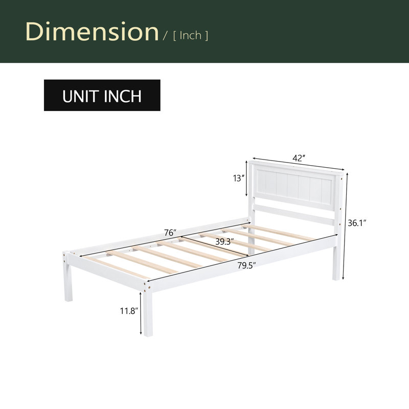 Base de lit plateforme avec tête de lit, support à lattes de bois, aucun sommier requis, Lit simple, Blanc