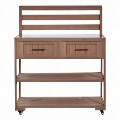 Chariot de cuisine en bois massif pour îlot de cuisine 62,3 po avec plateau en acier inoxydable, banc de jardin avec tablette surélevée et tiroirs, table de préparation pour barbecue, fête