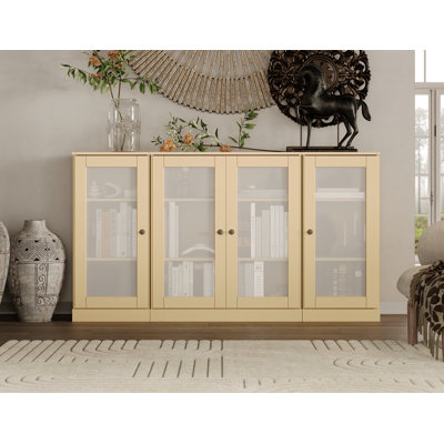 Buffet 100% bois massif 65 po avec portes en verre givré et tablettes réglables