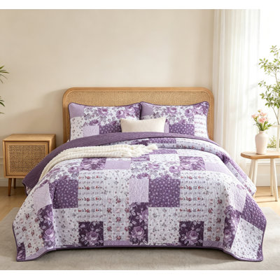 Purple Patchwork Quilt Set King Rose Floral Plaid Bedspread