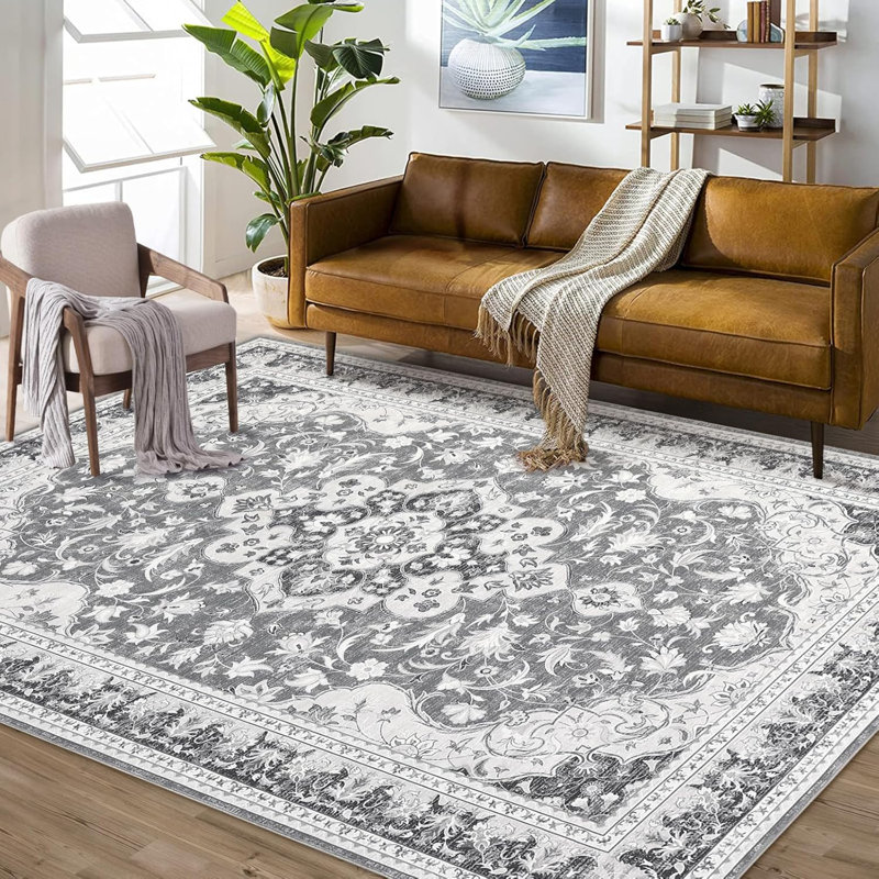 Washable Area Rug for Living Room, Bedroom, Dining, Vintage, Non-Slip, Stain-Resistant, Grey, Rectangle 10' x 13'