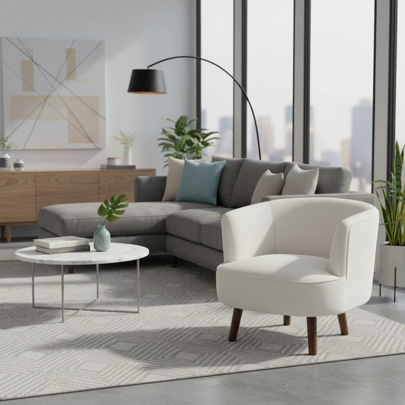Modern Upholstered Armchair and Ottoman Set with Tapered Wood Legs, Ivory – Diana by Pipp & Liv, Ivory