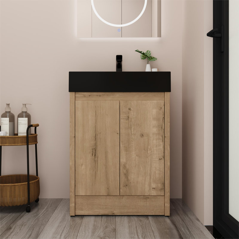 Khamille 24'' Single Freestanding Bathroom Vanity with Resin Top and Shelf, Black