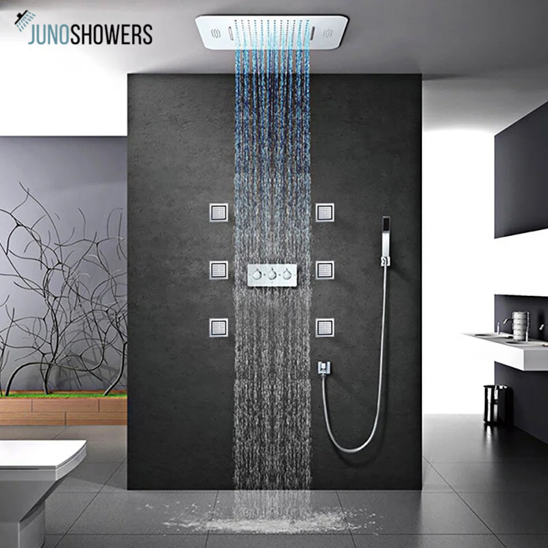 Juno Musical LED Ceiling Shower Head with Bluetooth, Massage & Thermostatic Mixer – 20x14” Chrome Luxury Spa System