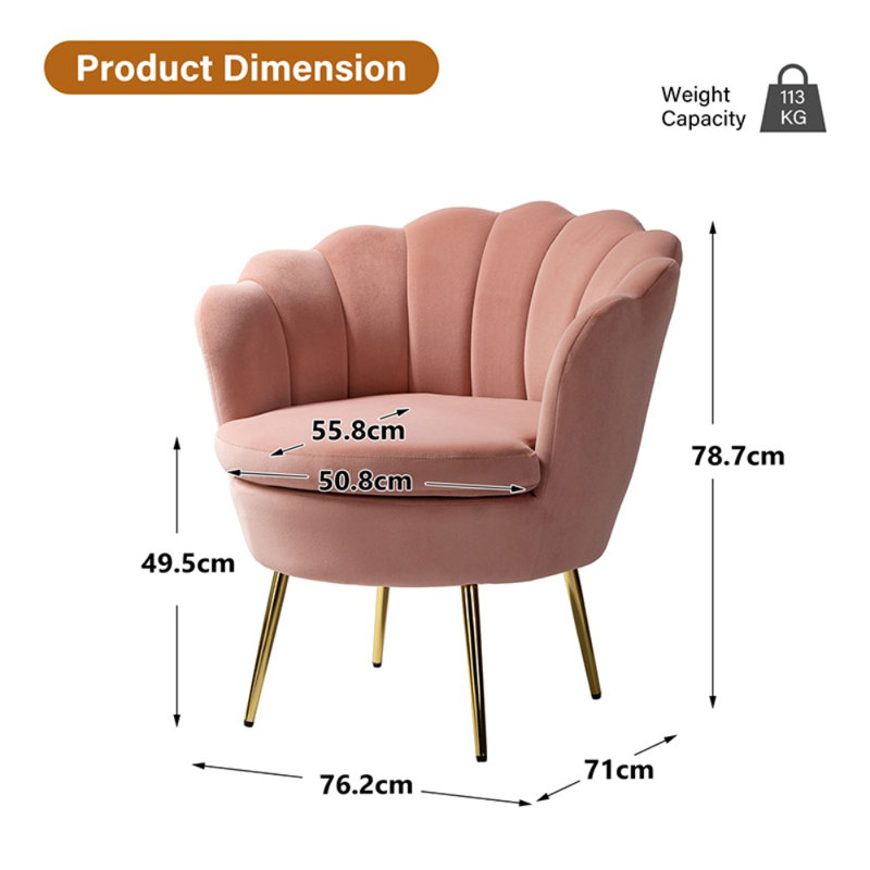 Donata  Modern Velvet Barrel Chair with Channel Tufted Back and Scalloped Seashell Edges, Pink