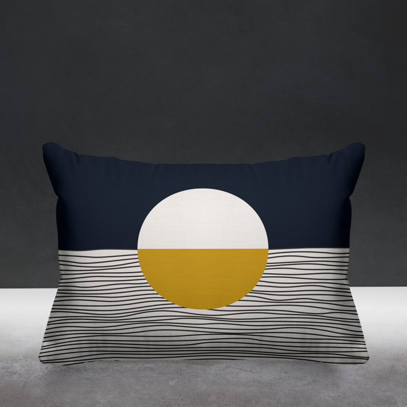 Coussin décoratif intérieur / extérieur Carmy, Jaune / beige / bleu marine, 14 po x 20 po, Rectangulaire