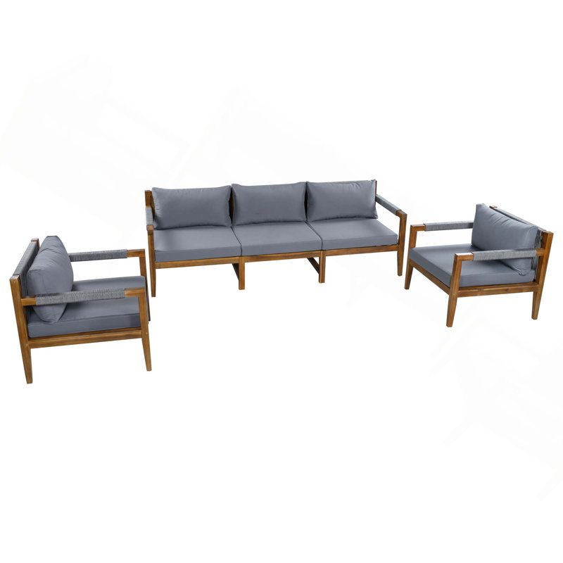 Ensemble de canapé modulaire en bois massif 3 pièces avec corde tissée et coussins amovibles résistants à l'eau pour terrasse de jardin