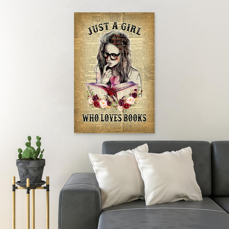 Fille lisant des livres - Just A Girl qui aime les livres - 1 pièce, impression d'art graphique rectangulaire sur toile tendue