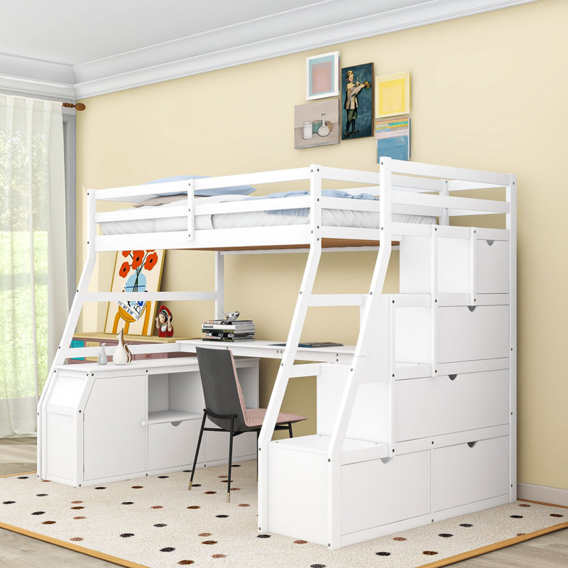 Lit mezzanine 7 tiroirs avec bureau intégré Ginnette par Harriet Bee, Simple, Blanc