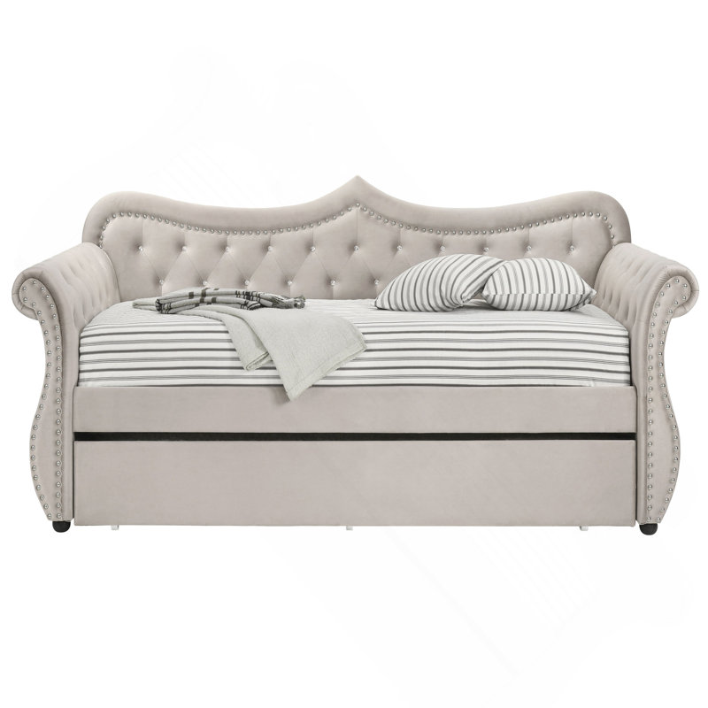 Beige Upholstered Twin Daybed with Trundle, Beige Velvet 