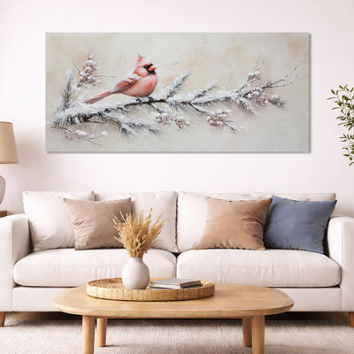 «White Red Red Cardinal in Winter Scene», reproduction d'art encadrée sur toile, art mural nordique