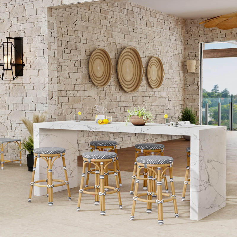 Tobias Outdoor Rattan and Metal Counter Stool, Gray/White